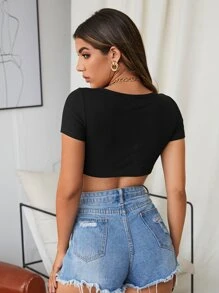 SHEIN BAE Áo nữ xoắn lại màu trơn Gợi cảm - màu đen - Xem 2