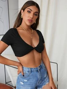 SHEIN BAE Áo nữ xoắn lại màu trơn Gợi cảm - màu đen - Xem 4