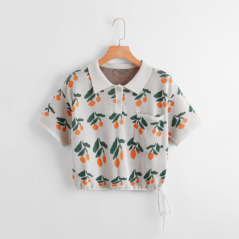 

Fruit Pattern Drawstring Pocket Knit Top, Light grey