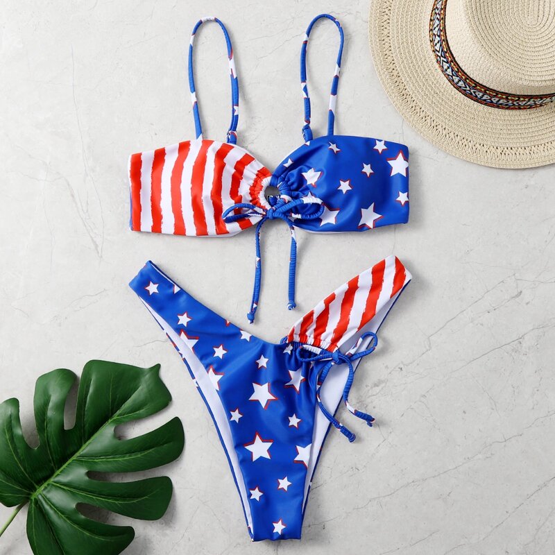 

American Flag Print High Cut Bikini Swimsuit, Multicolor
