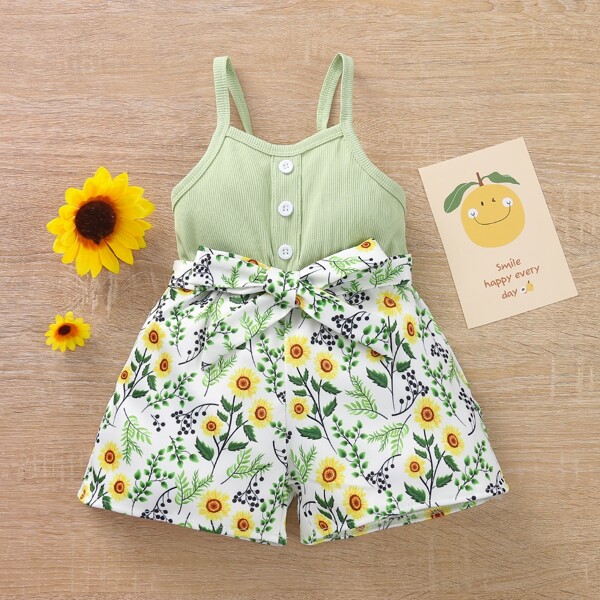 

Baby Girl Floral Print Belted Cami Romper, Multicolor