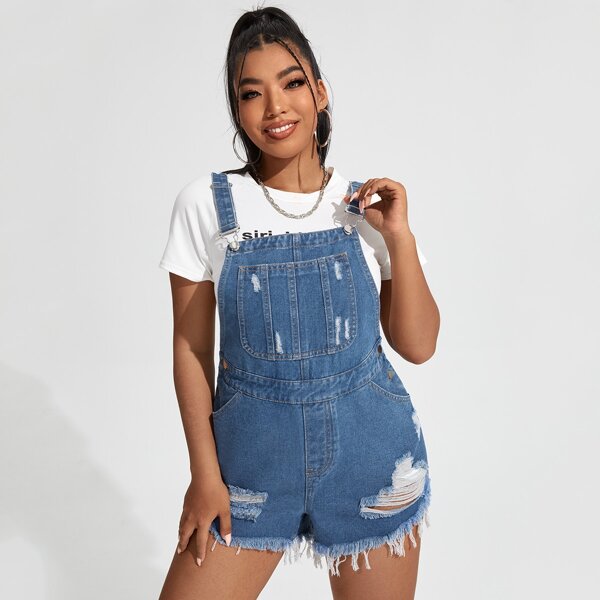 

Plus Ripped Detail Raw Hem Denim Overalls, Medium wash