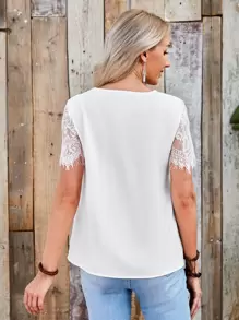 SHEIN Blusas Encaje en contraste Liso Elegante - Blanco - Ver 2