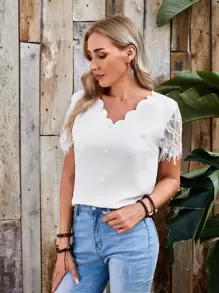 SHEIN Blusas Encaje en contraste Liso Elegante - Blanco - Ver 3