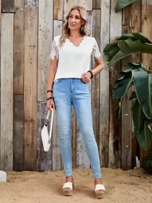 SHEIN Blusas Encaje en contraste Liso Elegante - Blanco - Ver 4