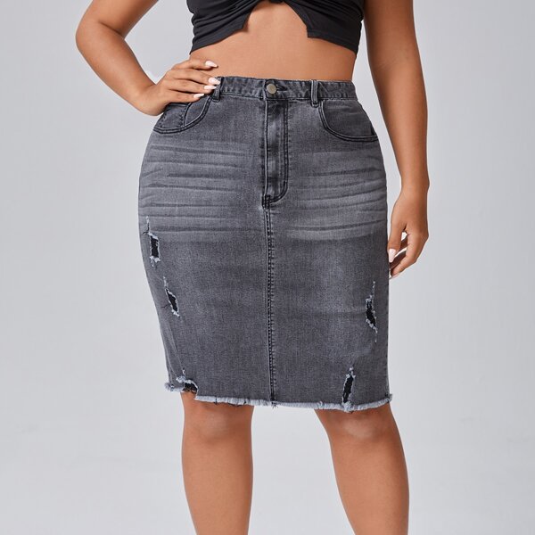 

Plus Ripped Raw Hem Split Back Denim Skirt, Grey