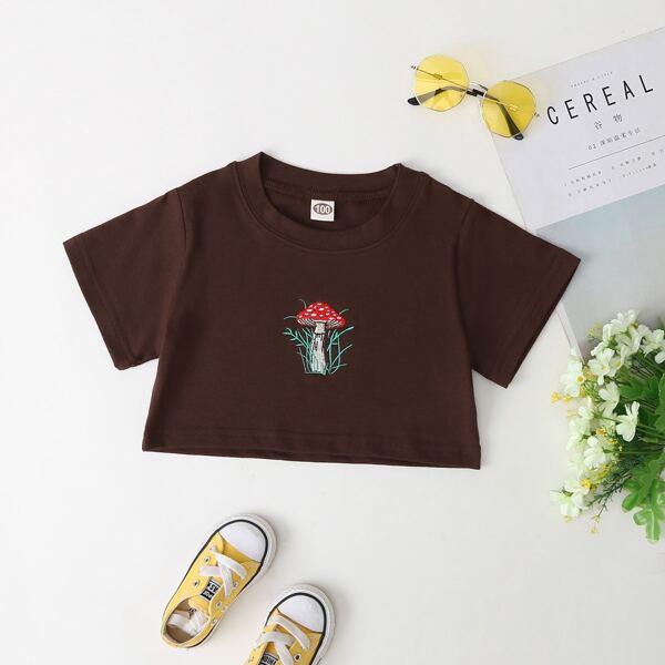 

Toddler Girls Mushroom Embroidery Tee, Chocolate brown