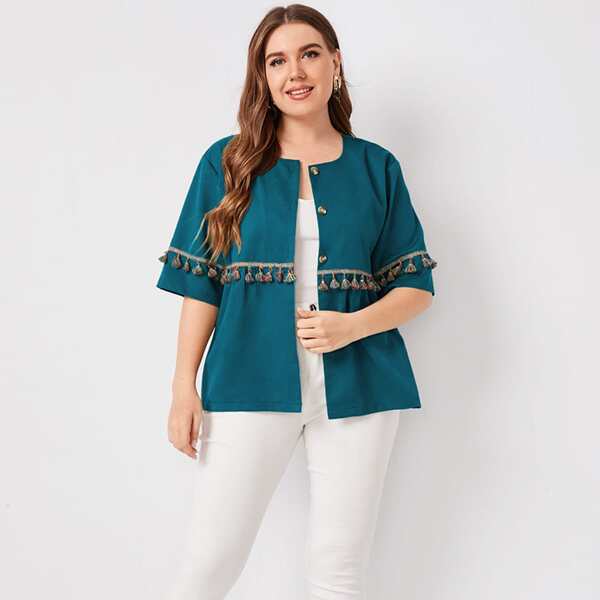 

Plus Tassel Trim Button Front Blouse, Navy blue