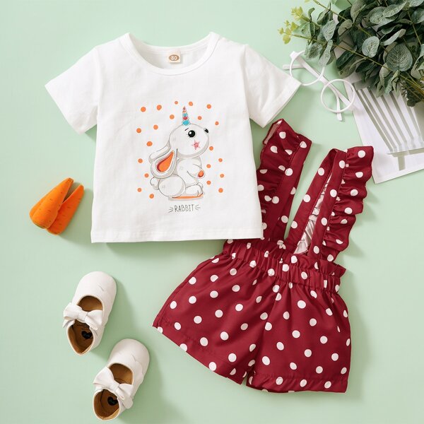 

Baby Girl Cartoon Graphic Tee With Suspender Shorts, Red and white