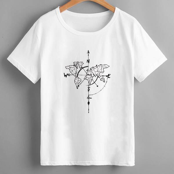 

Map Print Round Neck Tee, White