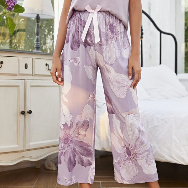 

Floral Print Knot Front Wide Leg Sleep Pants, Lilac purple