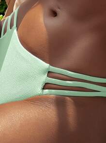 Rib Ruffle Trim Cut-Out Bikini - Mint Green - View 3