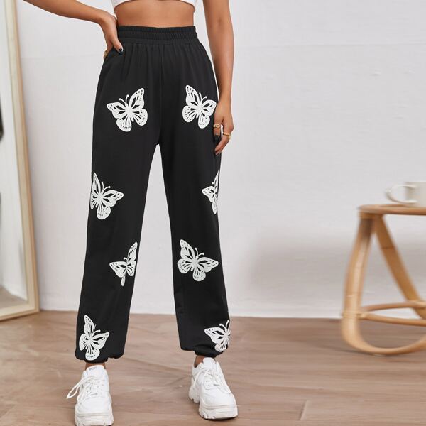

Butterfly Print High Waist Sweatpants, Black