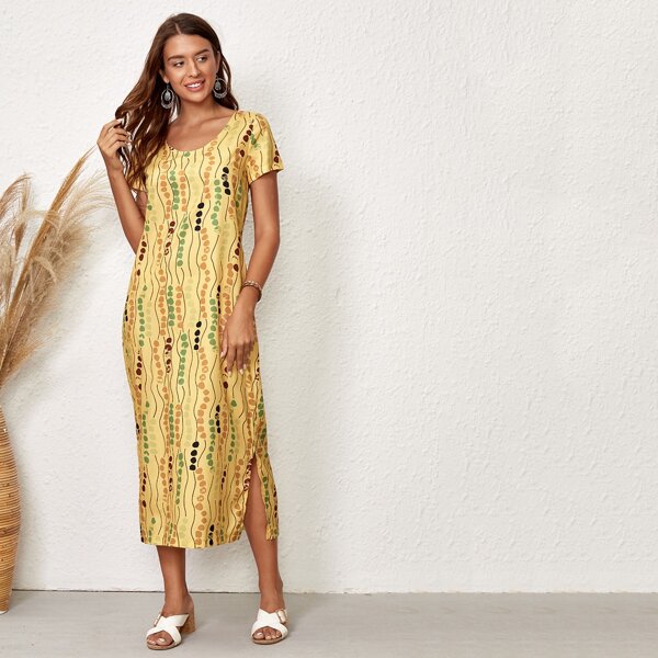 

Allover Print Scoop Neck Split Hem Tunic Dress, Yellow