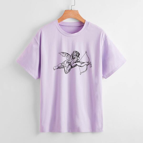 

Cupid Print Round Neck Tee, Lilac purple