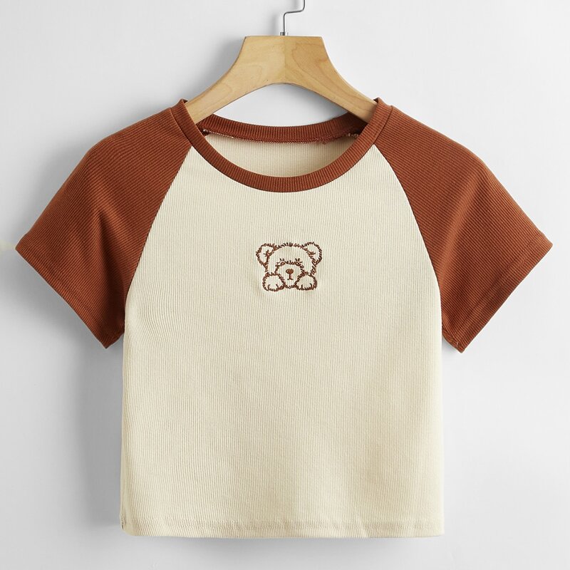 

Cartoon Bear Embroidery Colorblock Ribbed Tee, Multicolor