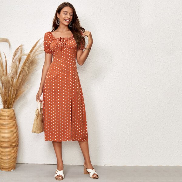 

Polka Dot Ruched Bust Slit Hem Dress, Orange