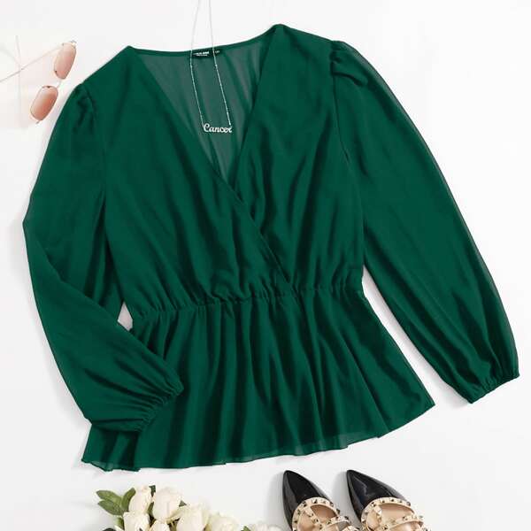 

Plus Surplice Front Peplum Blouse, Dark green