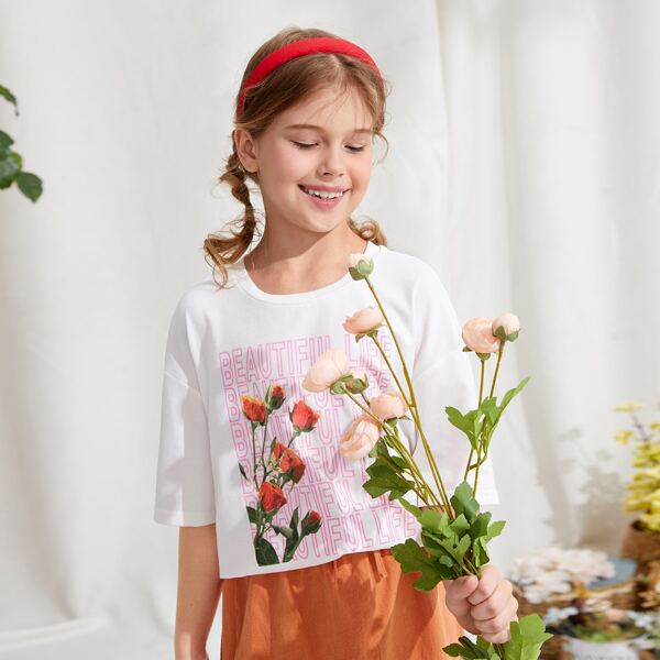 

Girls Slogan & Floral Print Drop Shoulder Tee, White