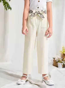 SHEIN Girls Belted Wide Leg Trousers - Apricot - View 1