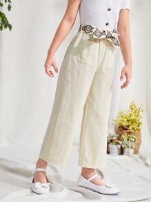 SHEIN Girls Belted Wide Leg Trousers - Apricot - View 3