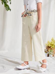 SHEIN Girls Belted Wide Leg Trousers - Apricot - View 4