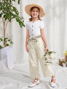 SHEIN Girls Belted Wide Leg Trousers - Apricot - View 5