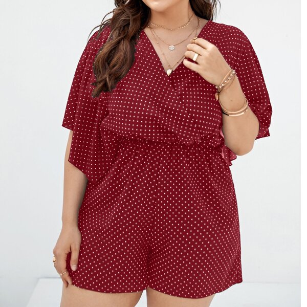 

Plus Polka Dot Butterfly Sleeve Romper, Burgundy