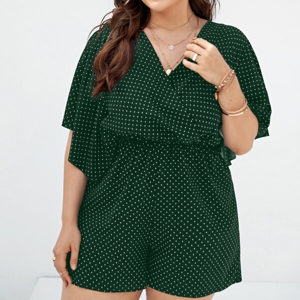 

Plus Polka Dot Butterfly Sleeve Romper, Dark green