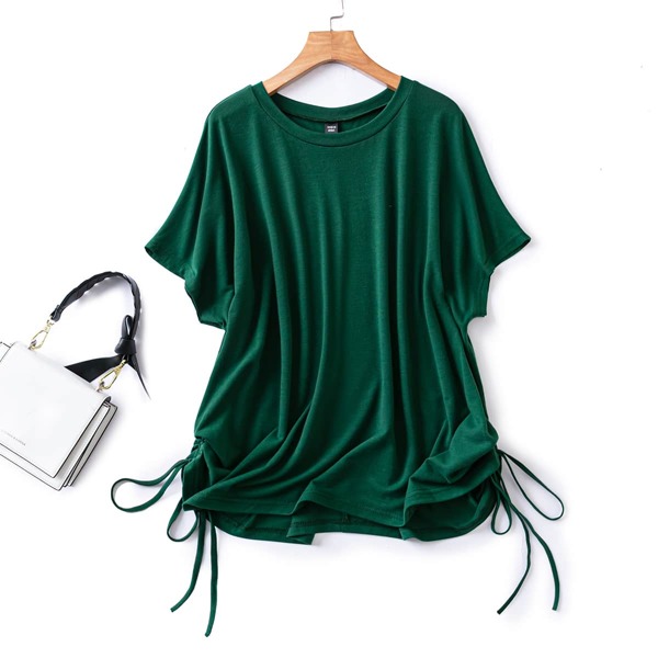 

Plus Drawstring Side Batwing Sleeve Tee, Dark green