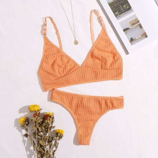 

Solid Textured Lingerie Set, Orange