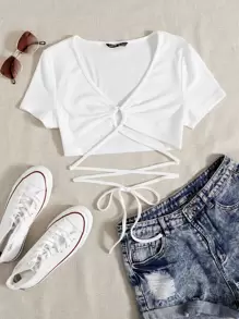 SHEIN Tops de mujeres Lazada Liso Sexy - Blanco - Ver 1