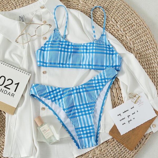 

Plaid High Cut Bikini Swimsuit, Blue