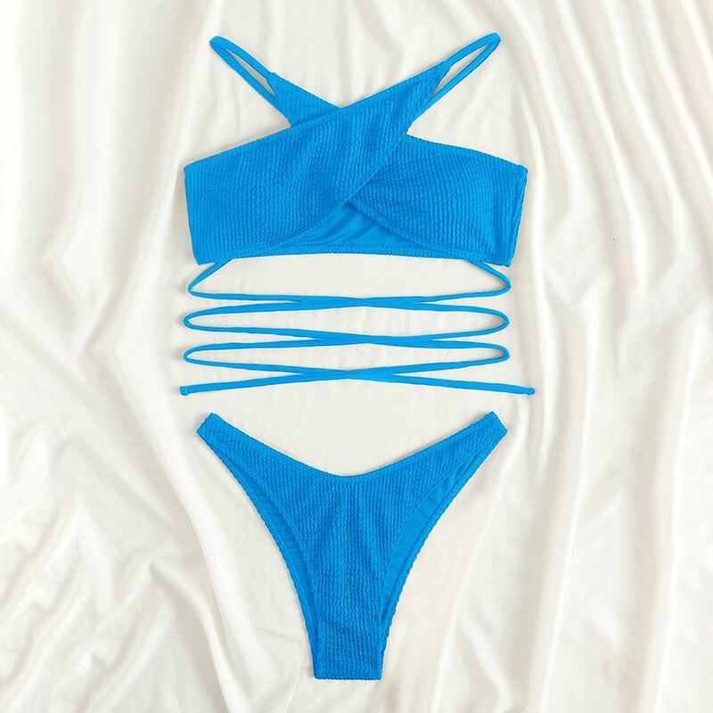 

Textured Crisscross High Cut Bikini Swimsuit, Blue