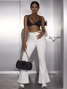 Zolique Camiseta sin mangas de rejilla con detalle de diamantes de imitación sin sujetador - Negro - Ver 4