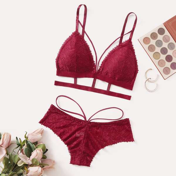 

Floral Lace Harness Lingerie Set, Burgundy