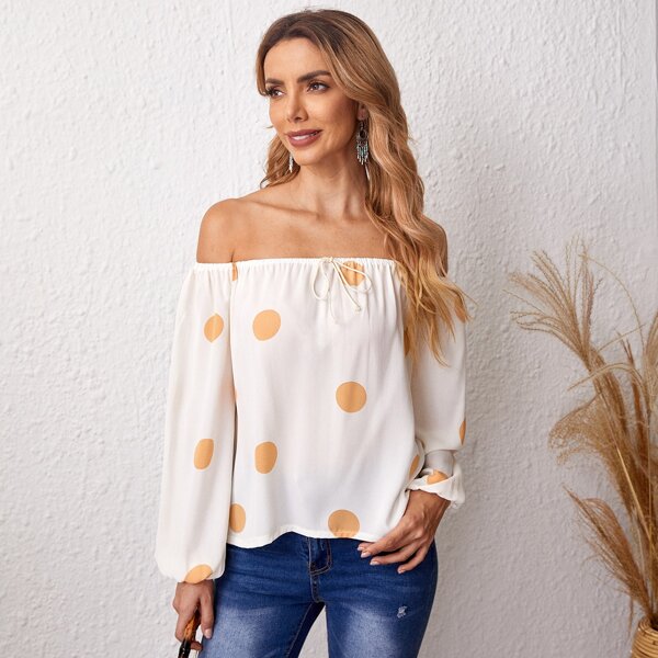 

Polka Dot Off Shoulder Blouse, White