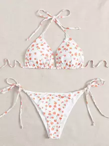 Floral Random Print Halter Bikini - Orange - View 1
