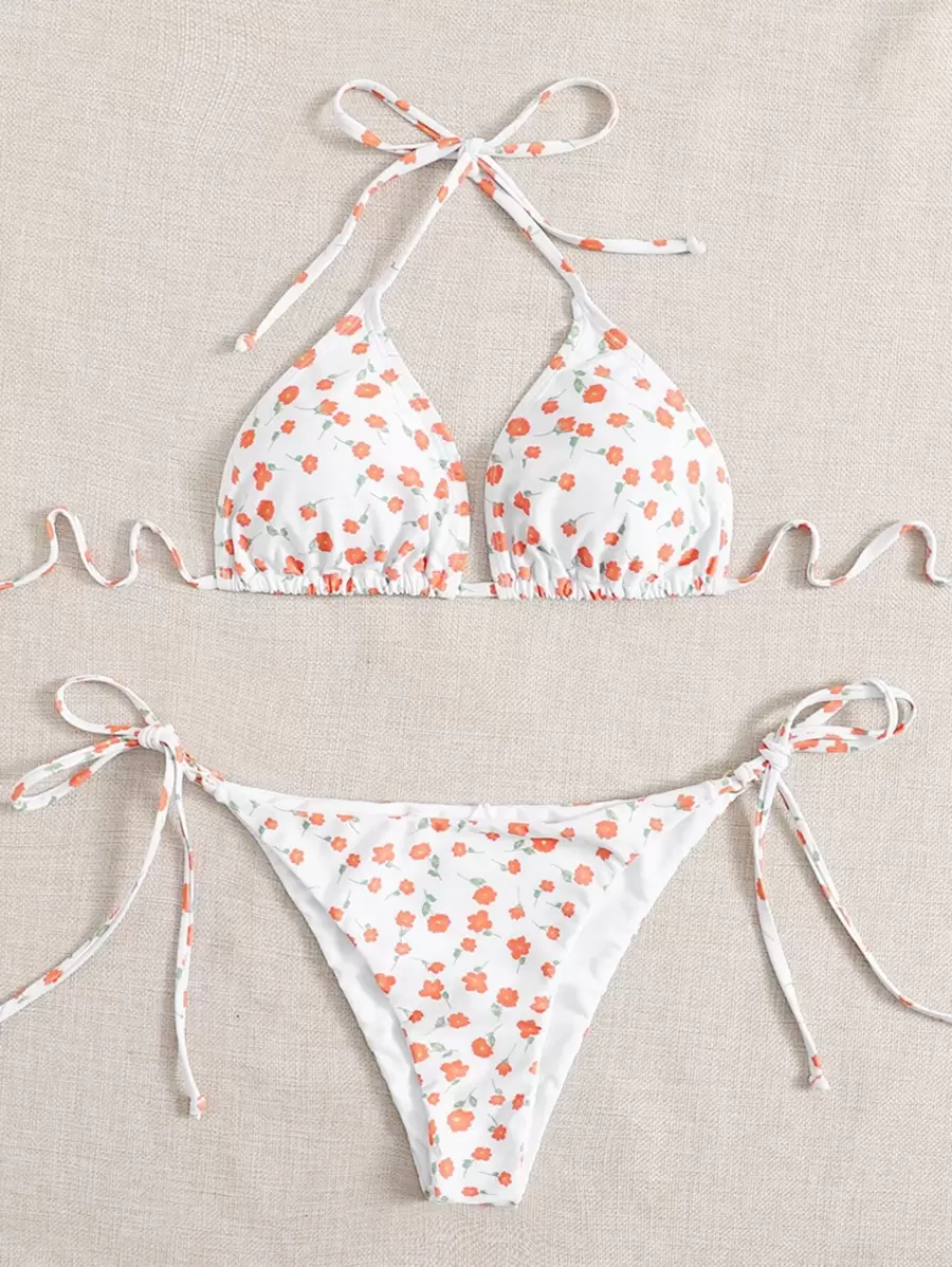 Floral Random Print Halter Bikini - Orange - View 1