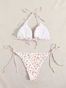 Floral Random Print Halter Bikini - Orange - View 2