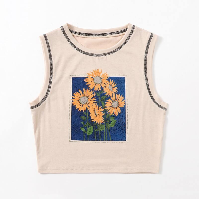 

Stitching Trim Sunflower Graphic Tank Top, Apricot