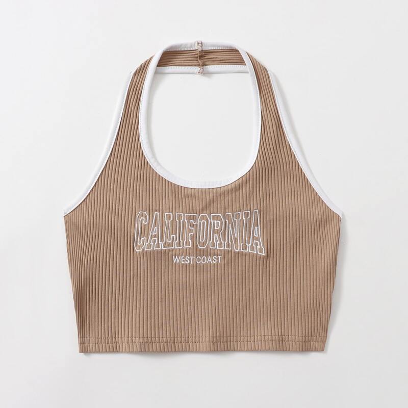 

Letter Embroidery Ringer Ribbed Halter Top, Apricot
