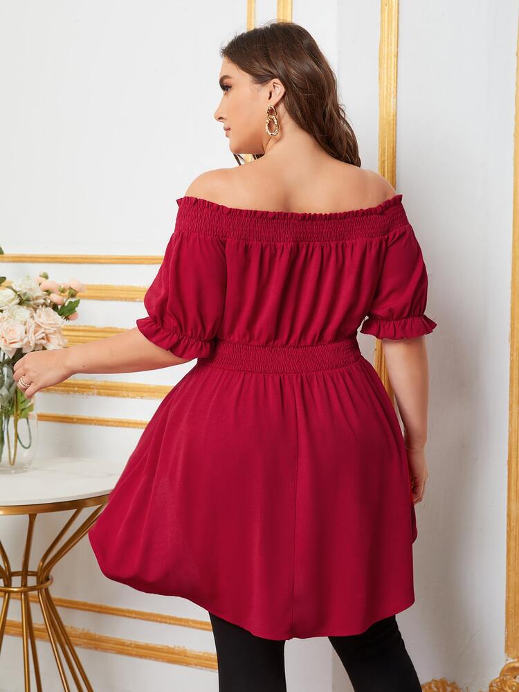 SHEIN Plus Shirred High Low Bardot Top - Burgundy - View 2