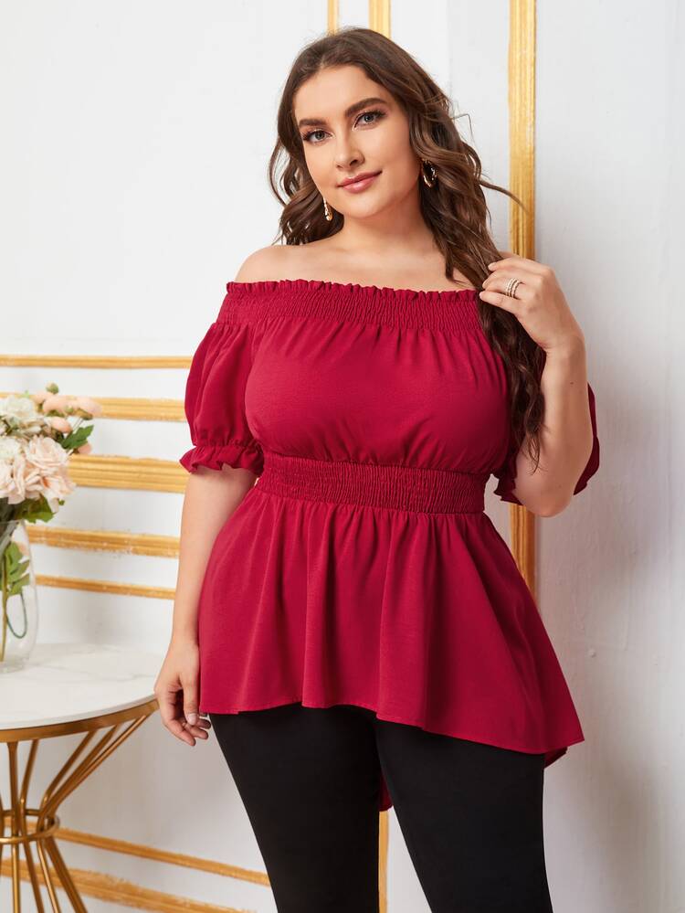 SHEIN Plus Shirred High Low Bardot Top - Burgundy - View 5