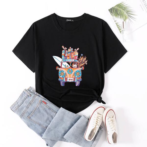 

Plus Graphic Print Crew Neck Tee, Black