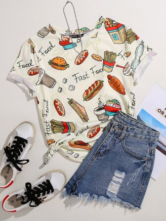 تي شيرت بجرافيك عبارة وطعام سريع مقاس كبير