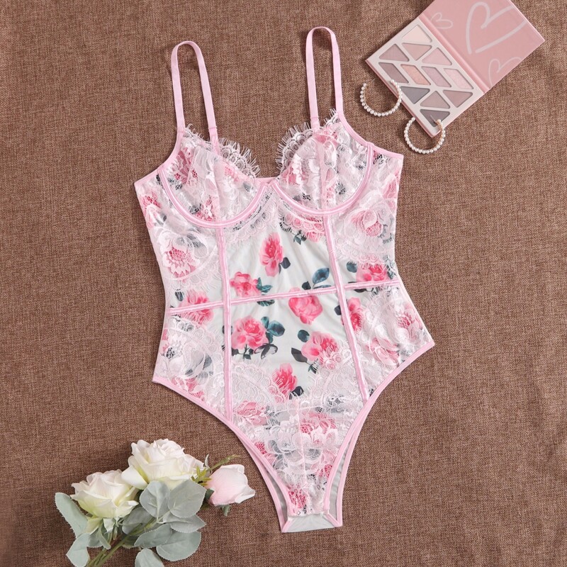 

Floral Print Contrast Lace Teddy Bodysuit, Pink