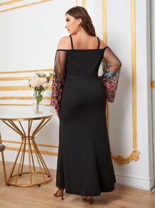 SHEIN Plus Embroidery Mesh Sleeve Split Thigh Dress - Black - View 2