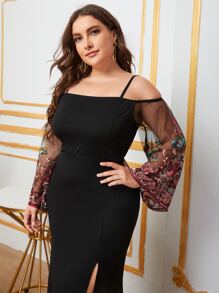 SHEIN Plus Embroidery Mesh Sleeve Split Thigh Dress - Black - View 4