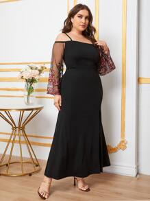 SHEIN Plus Embroidery Mesh Sleeve Split Thigh Dress - Black - View 5